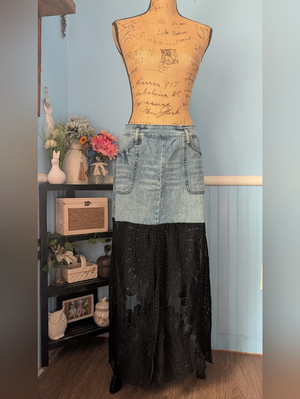 Rewash- Denim Maxi Skirt with Black Crochet Lace